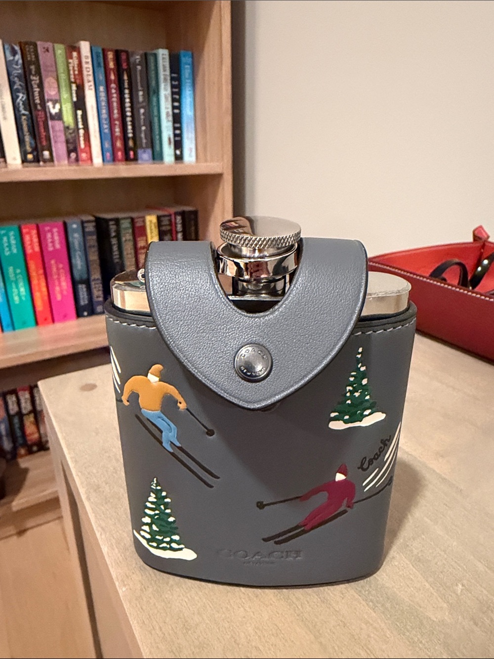 Coach Gray Ski Print Leather Flask Case